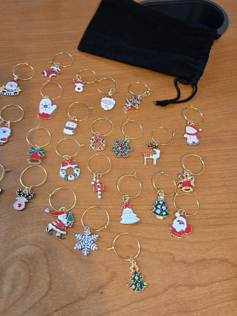 Festive Gold Holiday Wine Charms Set of 24 - Christmas Tree, Santa & Snowflake